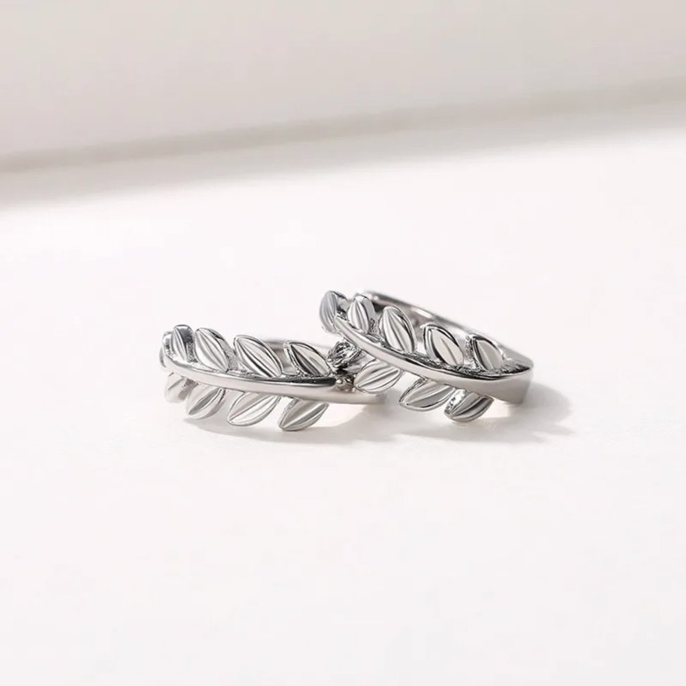 Silver Leaf Hoop Earrings - Picture 5 of 7